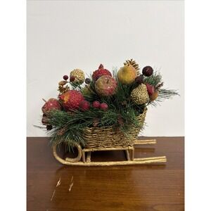 Vintage Gold Santas Sleigh Wicker Centerpiece With Packages &Faux Pine Cones